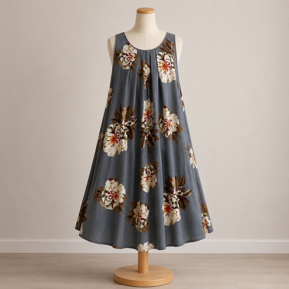 Umgee Gray Floral Sleeveless Trapeze Dress Pom Pom Trim‎ Boho Swing Small Boho